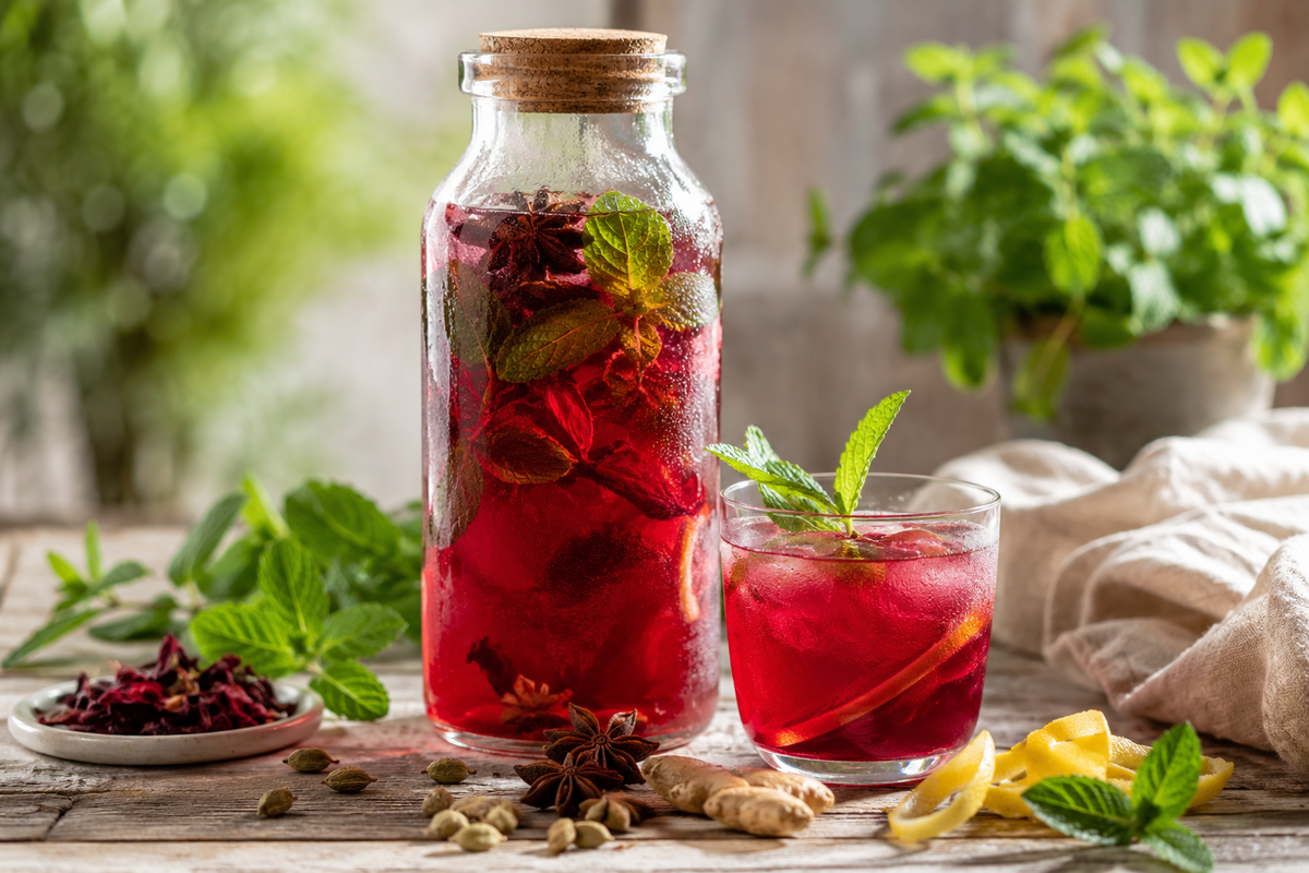 Infusión fría de hibisco, hierbabuena y especias